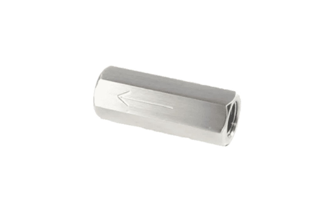 Check Valves allow flow in one direction only, closing when the flow reverses. Ranging from 1/4″ to 1″ sizes with 1/2″ NPT female x female connections, the check valves are made from 316 stainless steel.