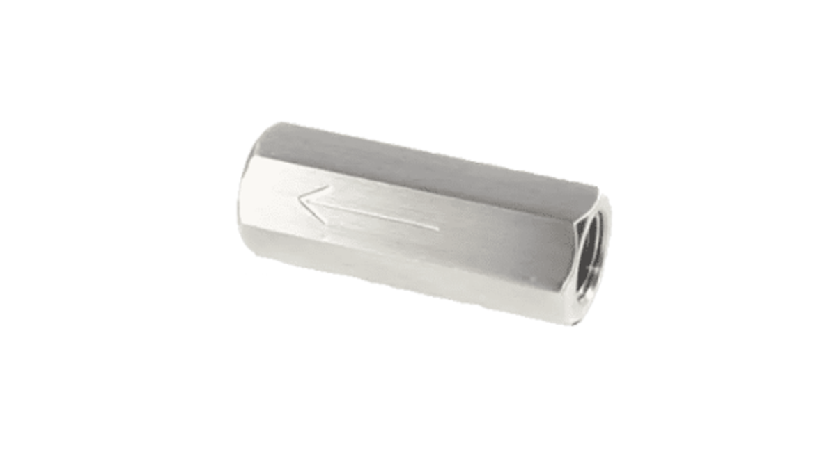 Check Valves allow flow in one direction only, closing when the flow reverses. Ranging from 1/4″ to 1″ sizes with 1/2″ NPT female x female connections, the check valves are made from 316 stainless steel.