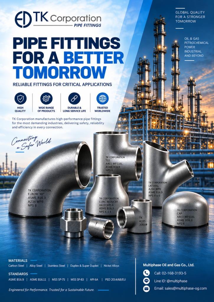 TK Corporation Pipe Fittings — reliable piping solutions for Oil & Gas, Petrochemical, Power, and demanding industrial applications. For product inquiries and project requirements, contact Multiphase Oil and Gas Co., Ltd.